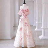 Elegant A Line Off-the-shoulder Floral Pink Tulle Prom Dresses HZ1023