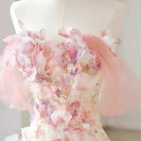 Elegant A Line Off-the-shoulder Floral Pink Tulle Prom Dresses HZ1023