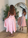 Cute A Line Straps Pink Satin Tea Length Prom Dress With Bow HZ1023