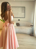 Cute A Line Straps Pink Satin Tea Length Prom Dress With Bow HZ1023