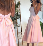 Cute A Line Straps Pink Satin Tea Length Prom Dress With Bow HZ1023