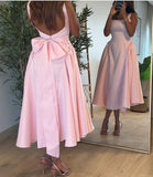 Cute A Line Straps Pink Satin Tea Length Prom Dress With Bow HZ1023