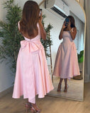 Cute A Line Straps Pink Satin Tea Length Prom Dress With Bow HZ1023