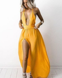 Yellow Prom Dress,Deep V-neck Prom Dresses,Sexy Prom Dress,Sexy Prom Dresses,Leg Slit Prom Dress HZ1023