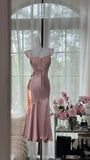 Simple Pink Mermaid Spaghetti Strap Satin Tulle Evening Dress Party Dress HZ1023