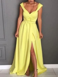 Yellow Prom Dress With Slit , Off The Shoulder Formal Dress HZ1023
