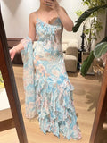 Vintage Mermaid Spaghetti Strap Blue Ruffle Layered Prom Dress Party Dress HZ1023