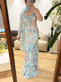 Vintage Mermaid Spaghetti Strap Blue Ruffle Layered Prom Dress Party Dress HZ1023
