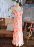 Print Floral Mermaid Spaghetti Strap Beaded Chiffon Evening Dress Party Dress HZ1023
