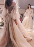 champagne prom dresses long sleeve a line tulle off the shoulder crystal evening dresses HZ1023