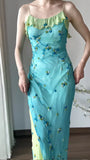 Retro Sheath Spaghetti Straps Beaded Blue Green Chiffon Prom Dress Party Dress HZ1023