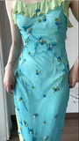 Retro Sheath Spaghetti Straps Beaded Blue Green Chiffon Prom Dress Party Dress HZ1023