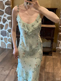 Sage Green Floral Mermaid Spaghetti Strap Layered Chiffon Evening Dress Party Dress HZ1023