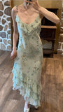 Sage Green Floral Mermaid Spaghetti Strap Layered Chiffon Evening Dress Party Dress HZ1023