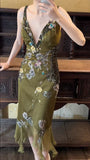 Retro Olive Green Sheath V Neck Beaded Embroidery Chiffon Prom Dress Party Dress HZ1023