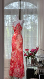 Red Print Floral Mermaid Spaghetti Strap Beaded Chiffon Evening Dress Party Dress HZ1023