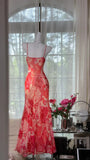 Red Print Floral Mermaid Spaghetti Strap Beaded Chiffon Evening Dress Party Dress HZ1023