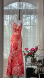 Red Print Floral Mermaid Spaghetti Strap Beaded Chiffon Evening Dress Party Dress HZ1023
