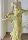 Flowy A Line V Neck Ruffle Yellow Print Floral Green Chiffon Prom Dress Party Dress HZ1023