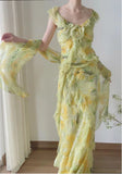 Flowy A Line V Neck Ruffle Yellow Print Floral Green Chiffon Prom Dress Party Dress HZ1023