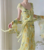 Flowy A Line V Neck Ruffle Yellow Print Floral Green Chiffon Prom Dress Party Dress HZ1023