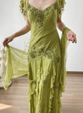 Elegant Retro Green A Line Embroidered Flying Sleeve Chiffon Prom Dress Party Dress HZ1023