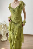 Elegant Retro Green A Line Embroidered Flying Sleeve Chiffon Prom Dress Party Dress HZ1023