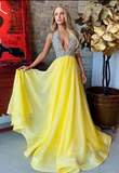 Yellow V Neck Rhinestone Sweep Train Prom Dress HZ1023