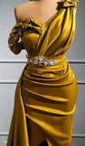 Yellow One Shoulder Mermaid Prom Dresses Sexy Crtstal Beaded Arabic Evening Gown Plus Size High Side Split Formal Party Dress HZ1023