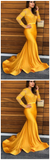 Yellow Lace Mermaid Prom Party Dresses Vintage Sheer Lace V-neck Evening Gowns Formal Red Carpet Dress with Long Sleeves HZ1023