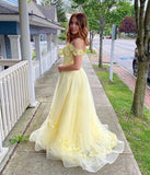 Yellow tulle lace long ball gown dress HZ1023