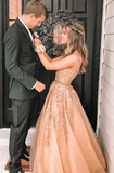 Long Champagne Prom Dress, Prom Dress with Appliques, Prom Dress HZ1023