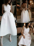 A-Line Spaghetti Straps Backless Tea-Length White Prom Dress HZ1023