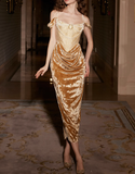 Stunning Pearl Golden Sheath Off the Shoulder Satin Velvet Prom Dress Party Dress HZ1023