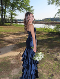 Navy Blue Mermaid Spaghetti Strap Layered Satin Prom Dress Party Dress Date Dress HZ1023
