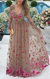 V-Neck Tulle Prom Dress With Sleeves Appliques HZ1023