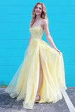 Yellow Tulle Lace Long Prom Dress, Spaghetti Straps Evening Dress HZ1023
