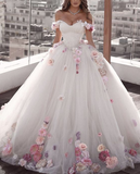 Off Shoulder Tulle Ball Gown Wedding Dresses Floral Flowers Beaded HZ1023