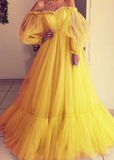 yellow tulle prom dresses long sleeves off shoulder evening gown HZ1023