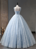 Star and Moon Fantasy Tulle A-Line Long Evening Dress, Blue Formal Sweet 16 Prom Dress Quinceanera Dress HZ1023
