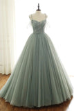 sage green tulle long ball gown with spaghetti straps, sage green sweet 16 dress prom gown HZ1023