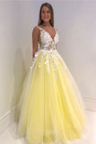 Yellow Tulle and White Lace A-line Long Prom Dress with V Neckline HZ1023