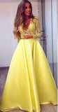 Yellow Prom Dresses Appliques Floor-Length Long Sleeves Formal Dresses HZ1023