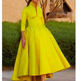 yellow prom dresses high neck long sleeve satin high front and low back long evening dresses gowns HZ1023