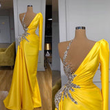 yellow prom dresses one shoulder beaded sparkly satin elegant luxury prom gown vestido de festa HZ1023