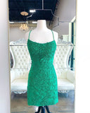 Tie Back Appliqued Sheath Green Homecoming Dress HZ1023