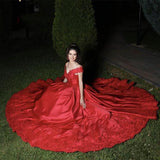 Gorgeous Off the Shoulder Red Long Ball Gown Prom Dress HZ1023