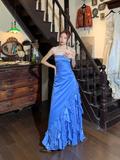 Vintage A Line Strapless Beaded Sequin Ruffle Blue Satin Long Prom Dress Party Dress HZ1023