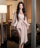Gentle A Line Long Sleeve Satin Short Homecoming Dress Cocktail Dress HZ1023