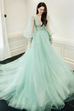 Green v neck tulle long prom dress green evening dress HZ1023